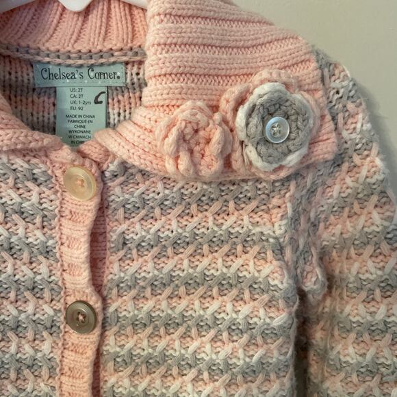 Chelsea's Corner Thick Knit Sweater/Cardigan Pink & Gray‎ Floral Accent Size 2T - Picture 4 of 11